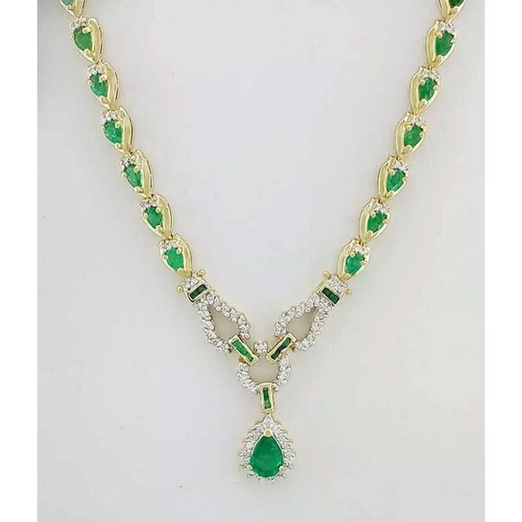 Genuine 11.48 Cts Emerald & Diamonds Necklace 14k Gold